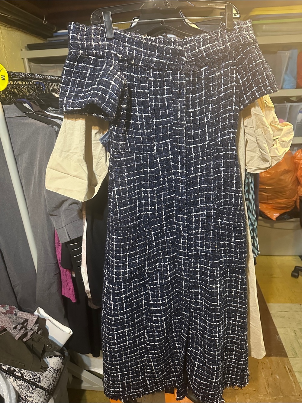 Zara Navy and White One-Shoulder Tweed Dress xs